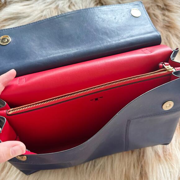 Tory Burch Royal Navy T Satchel Leather Structured Top Handle Bag - Picture 6 of 8